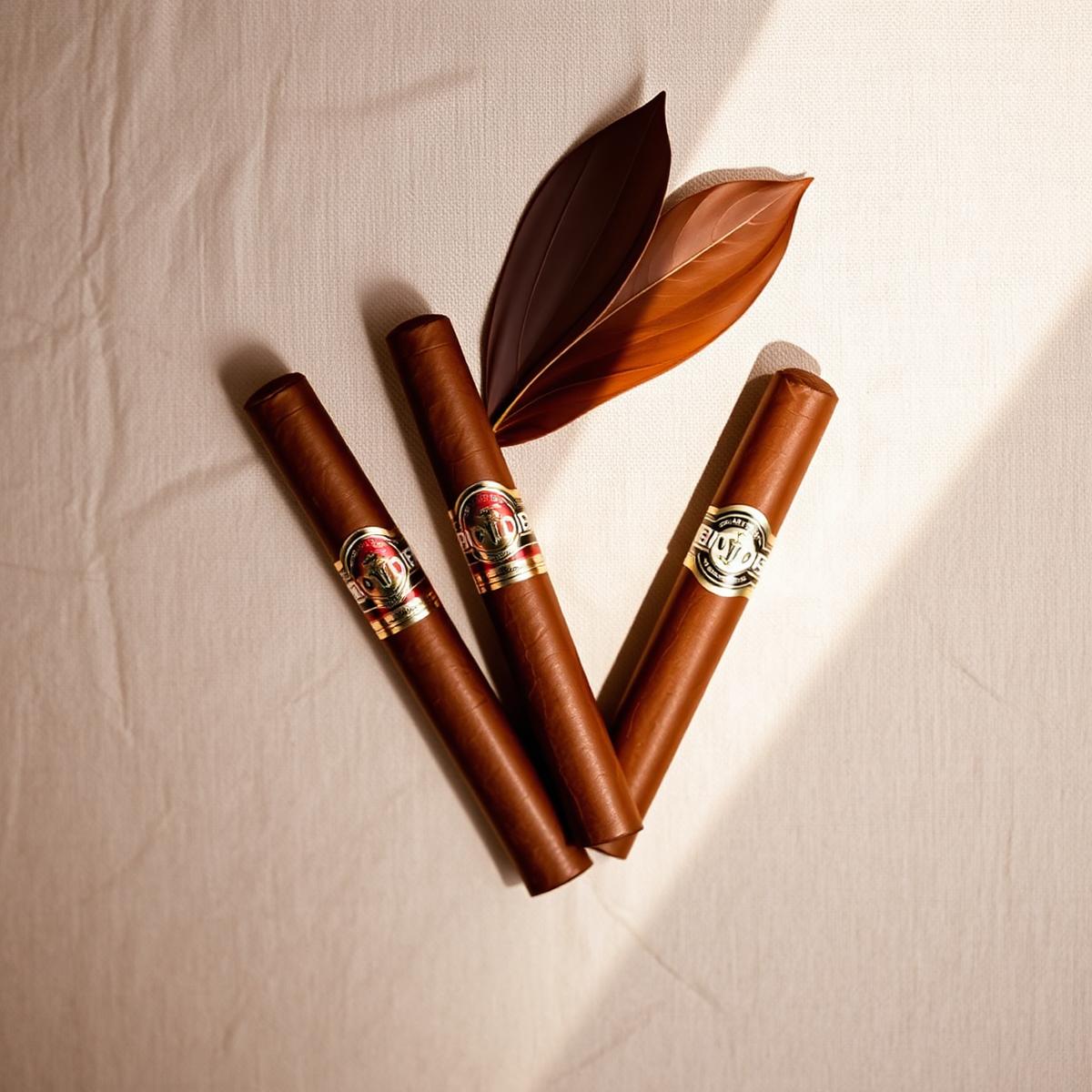 Three custom cigars with tobacco leaves